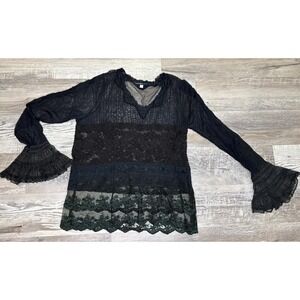Vtg Y2K Womens Sheer Shirt Gothic Whimsical Mesh Bell Sleeve Fairy Top Blouse L